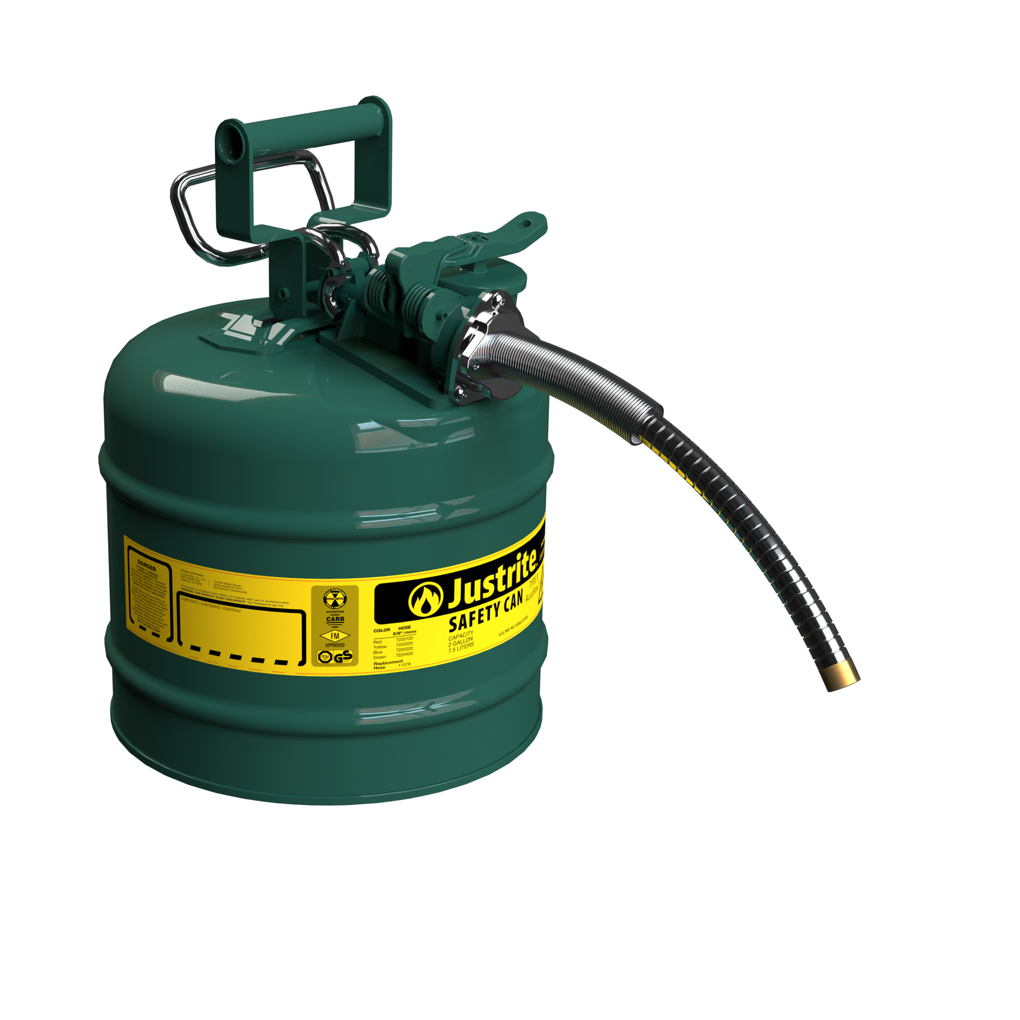 Justrite Type II Steel Safety Can for Oil — 2 Gallon, 9in. Flexible Metal Hose, AccuFlow, Green, Model# 7220420